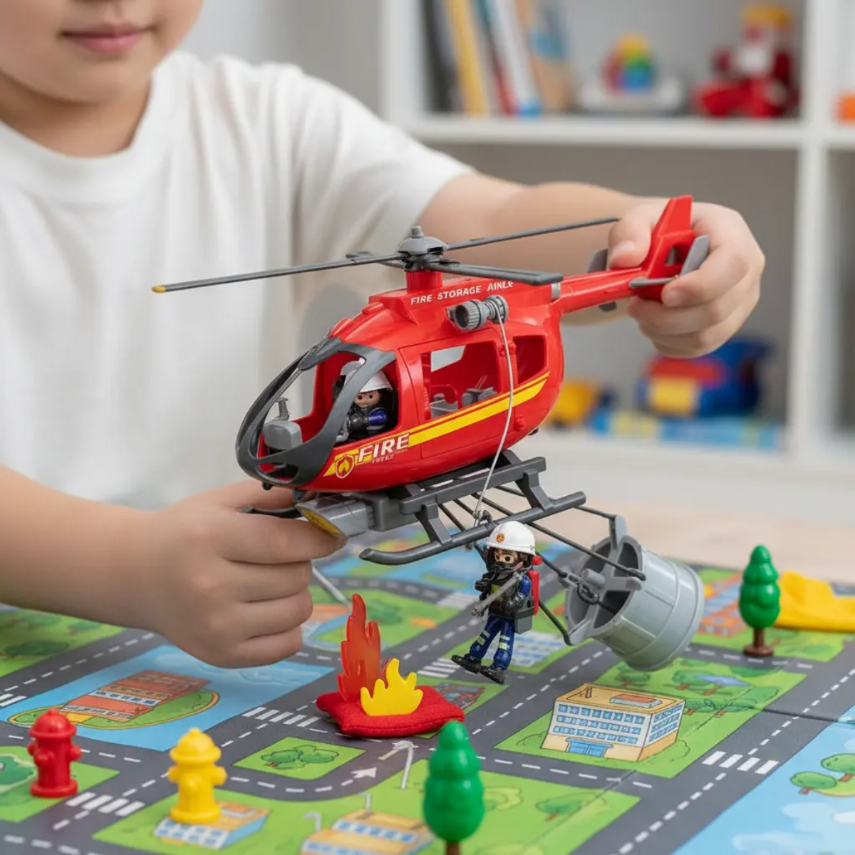 Muñeco Articulado Bombero con Helicóptero de Rescate - Power Planet