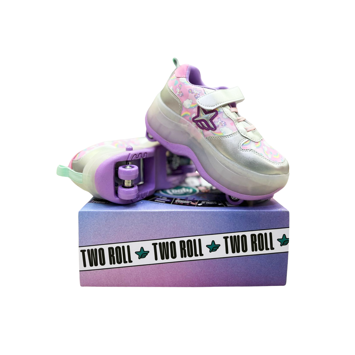 Zapatillas Patines Con Luz 2 Roll Rainbow Plata Footy