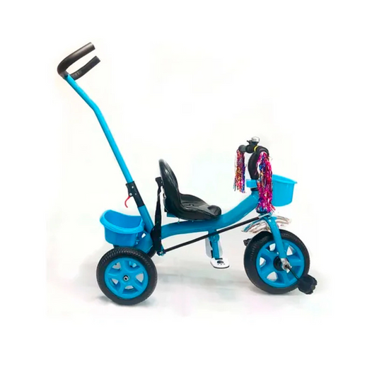Triciclo Celeste con Porras Y Manija Direccional Doble Canasto