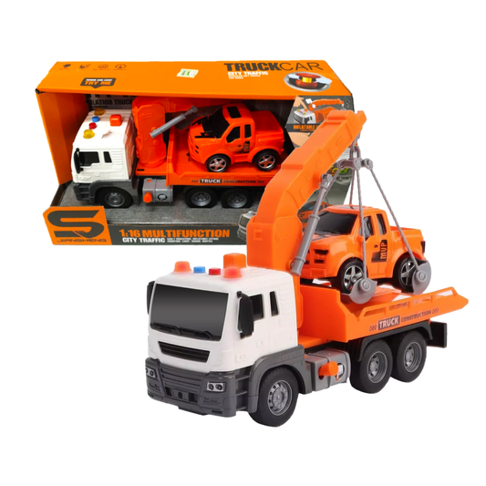 Camión Grúa Con Auto Y Sonido Naranja