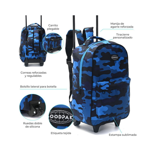 Mochila con Carro GoodPak Camuflada Azul 17” Escolar