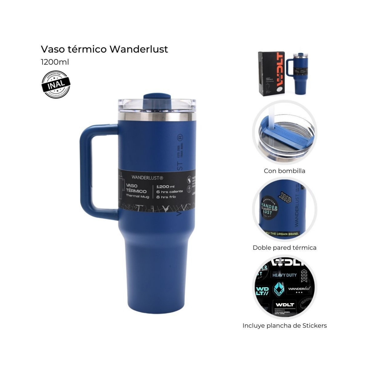 Vaso Térmico Wanderlust Active con Bombilla 1200 ml Acero -Azul oscuro