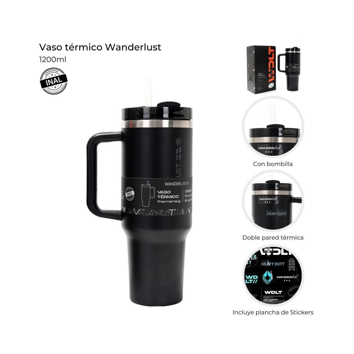 Vaso Térmico Wanderlust Active con Bombilla 1200 ml Acero -Negro