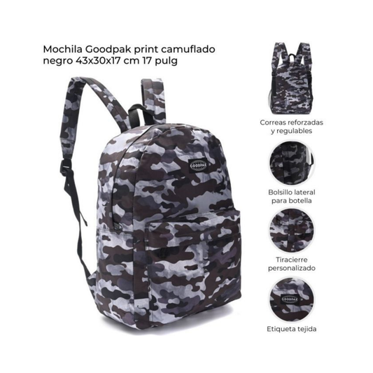 Mochila Goodpak Print Camuflada Negra 17”