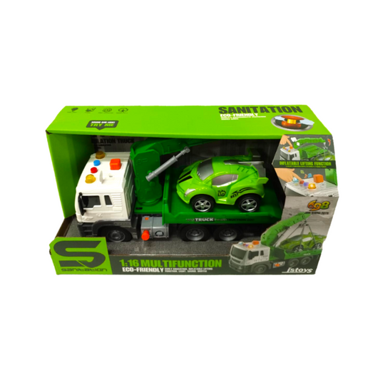 Camión Grúa Con Auto Y Sonido Verde