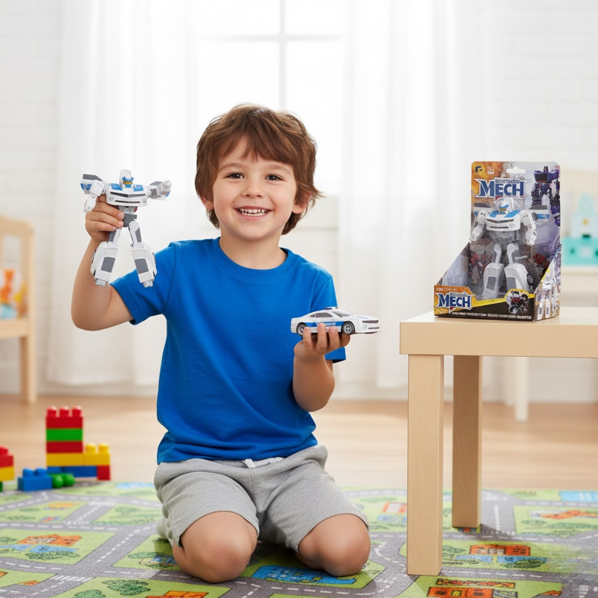 Robot Transformer Heroes Return con Auto de Policia Blanco
