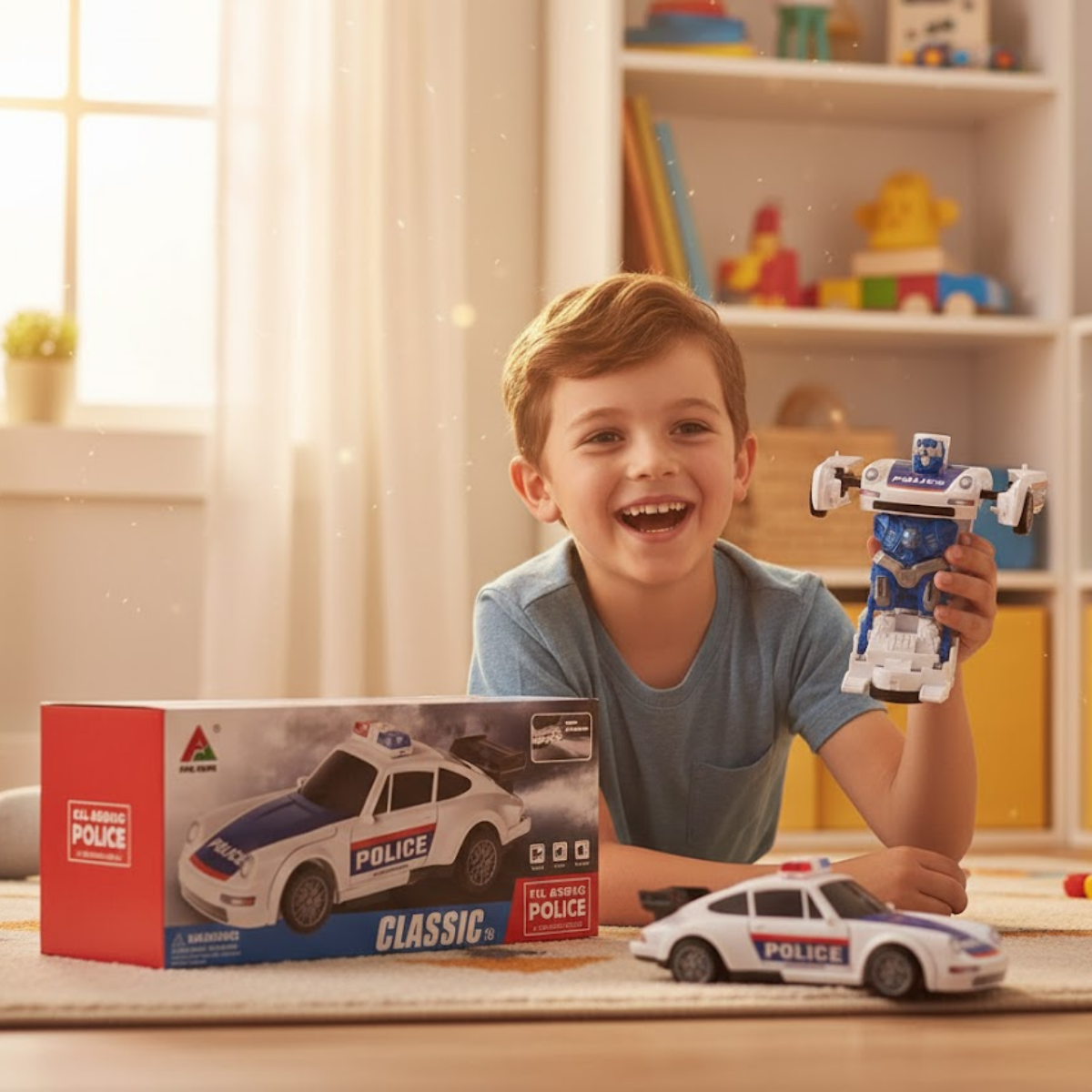 Robot Transformer en Coche de policía con luces y efectos de sonido