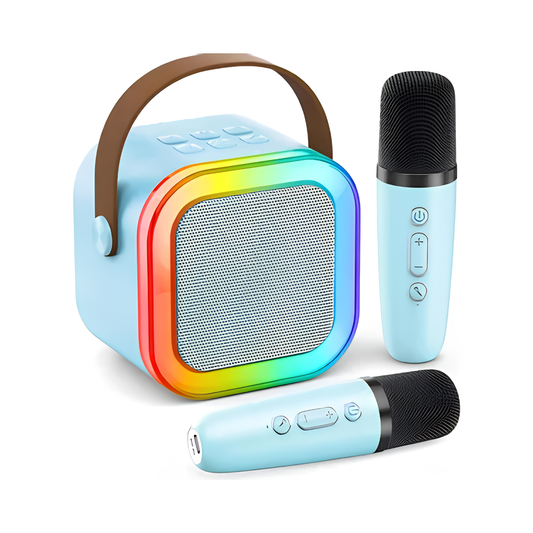 Mini Parlante Karaoke con 2 Micrófonos Inalámbricos y Luces LED Celeste