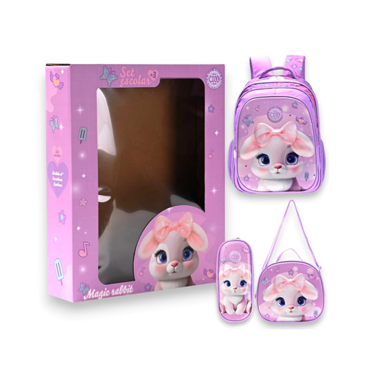 Set Escolar 3 en 1 Conejito Bani – Mochila 16” + Lunchera + Cartuchera (Violeta)