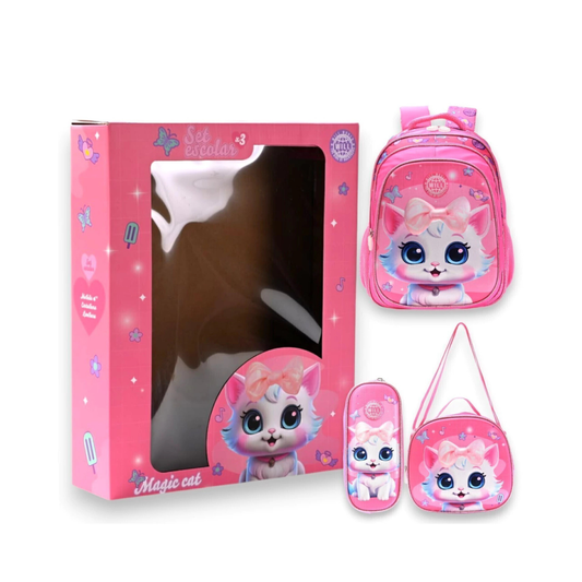Set Escolar 3 en 1 Gatita Luma Rosa – Mochila 16” + Lunchera Térmica + Cartuchera