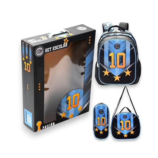 Set Escolar Negro de Messi – Mochila 16”de Espalda, Lunchera y Cartuchera