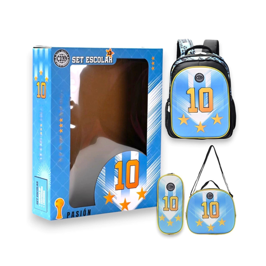 Set Escolar Celeste de Messi – Mochila 16” de Espalda, Lunchera y Cartuchera