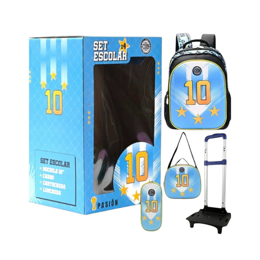 Set Escolar Celeste de Messi – Mochila 16” con Carrito, Lunchera y Cartuchera