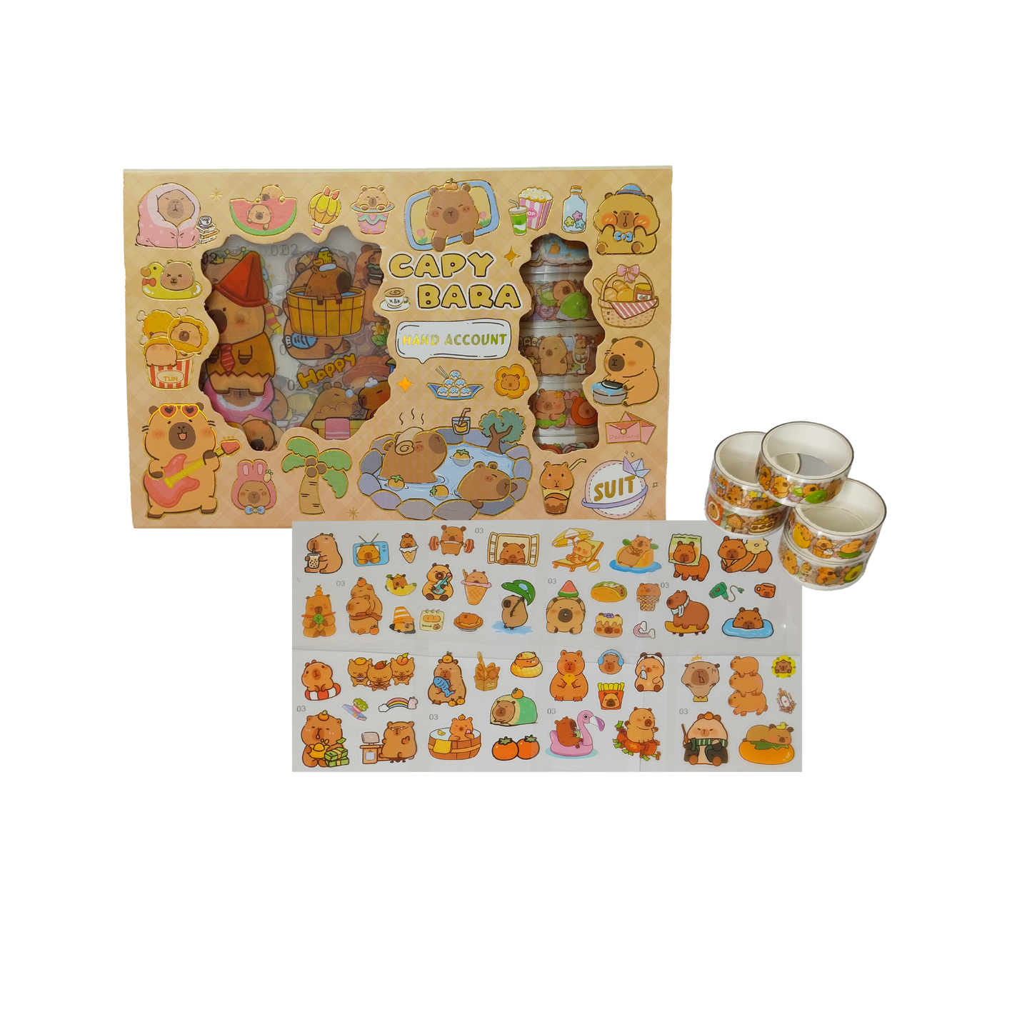 Set Stickers + Cintas En Caja Capybara