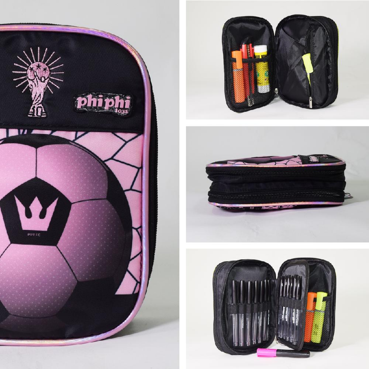 Cartuchera Tipo Libro 2 Cierres Fútbol Rosa