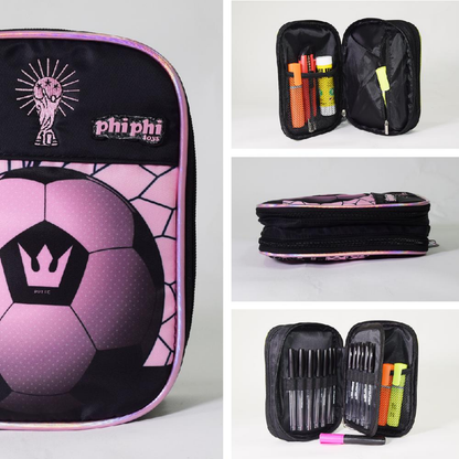 Cartuchera Tipo Libro 2 Cierres Fútbol Rosa