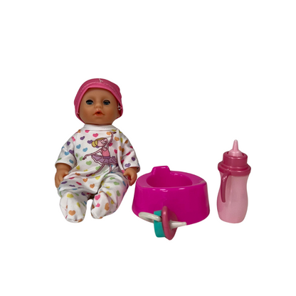 Muñeca Bebe Con Mamadera y Pelela 17cm
