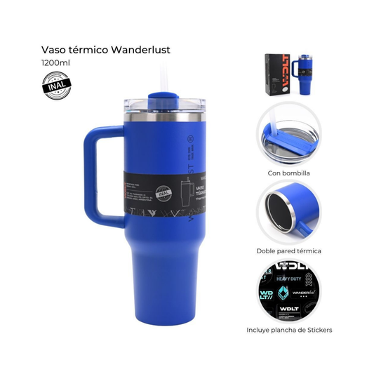 Vaso Térmico Wanderlust Active con Bombilla 1200 ml Acero -Azul claro