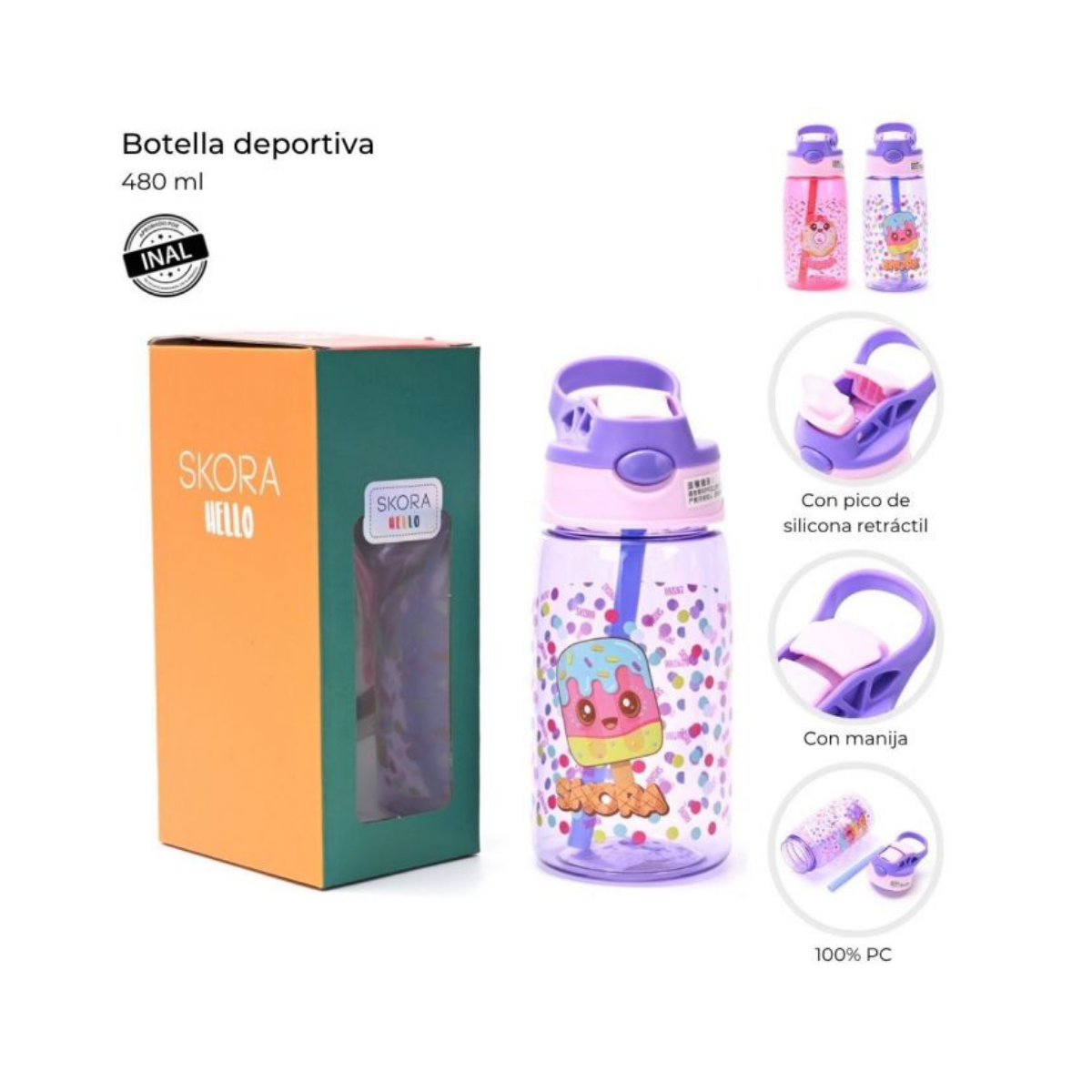 Botella Infantil Skora Hello 480 ml con Pico Retráctil