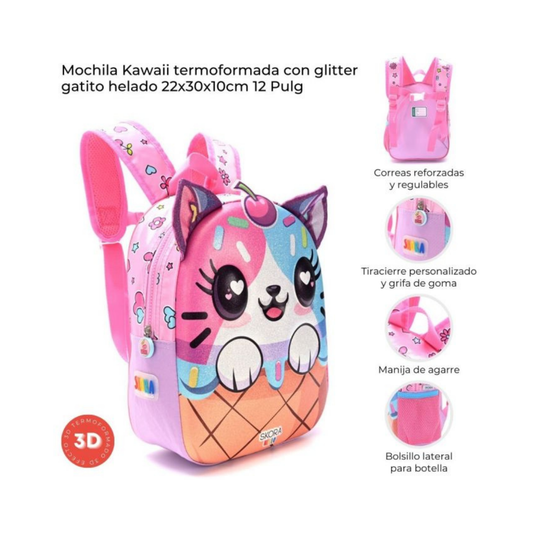 Mochila Kawaii Termoformada Gatito Helado Skora 12”