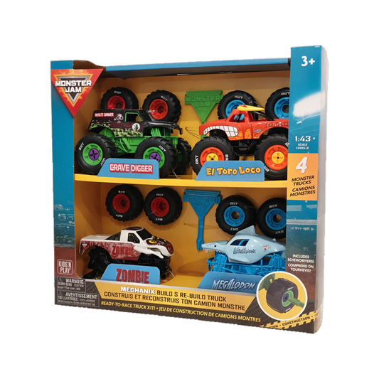 Pack Monster Jam Armable 1:43 x4 - Grave Digger, Zombie, El Toro Loco y Megalodon