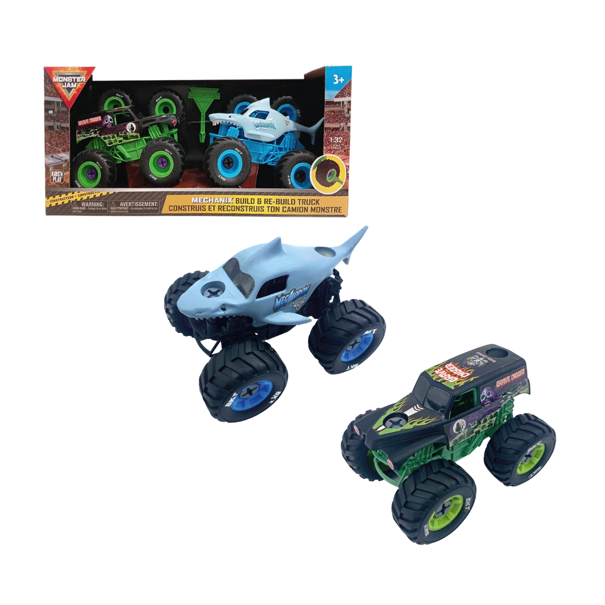 Pack Monster Jam Armable 1:32 x2 - Grave Digger y Megalodon (Con Destornillador)
