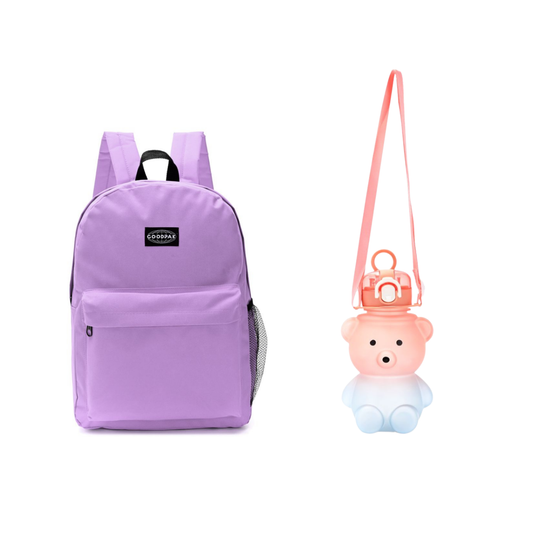 Kit Escolar de Mochila Lila Goodpak + Botella Oso Infantil con Correa
