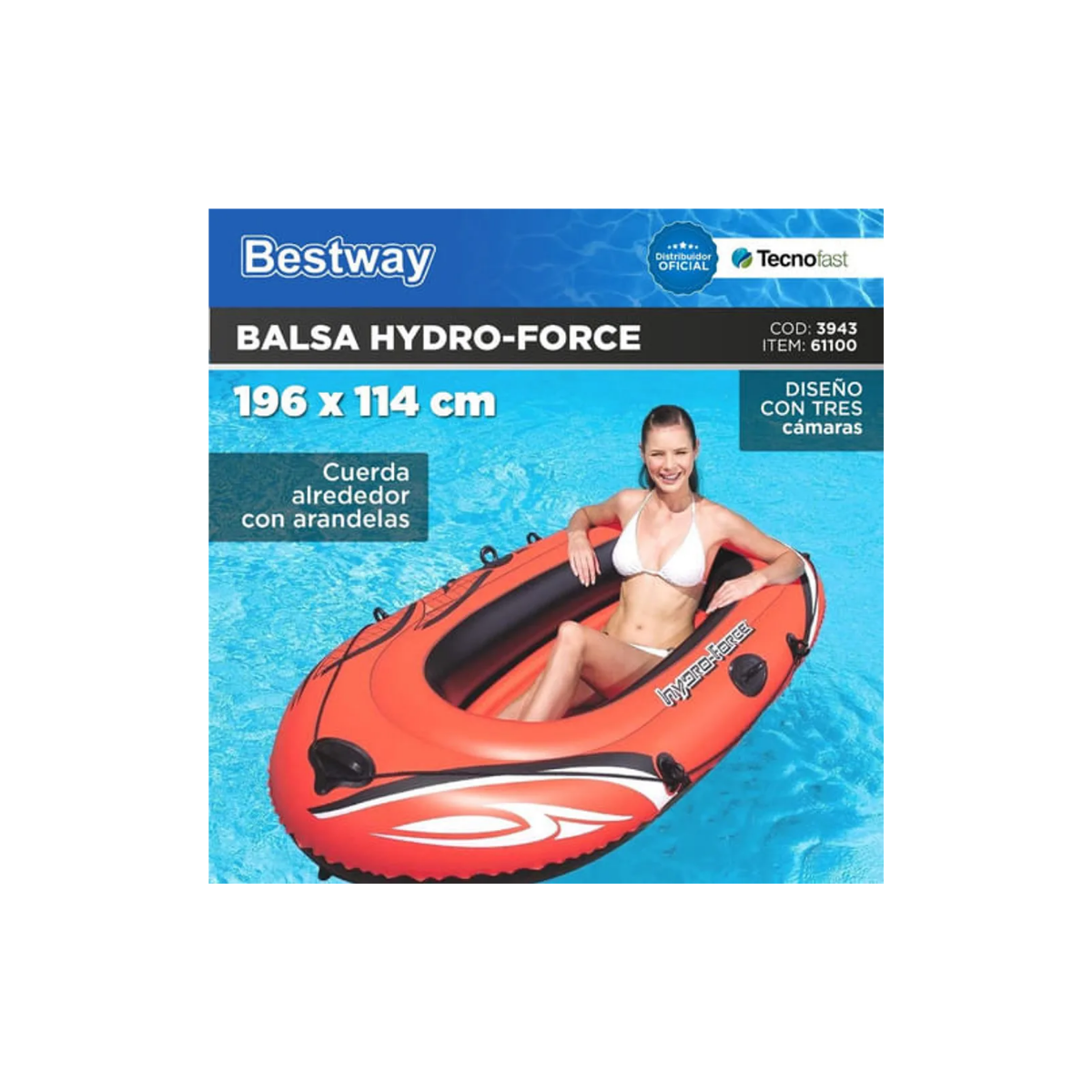 Set de Balsa Inflable Hydro-Force Bestway 196x114 cm - Con Remos y Cuerda de Agarre