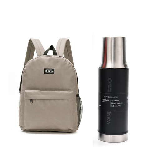 Kit universitario: Mochila Beige Goodpak + Termo Wanderlust Acero Inoxidable 1L