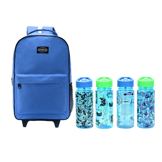 Set Escolar de Mochila Carrito Azul Goodpak + 1 Botella Deportivas Skora