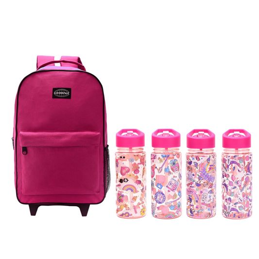 Set Escolar Rosa: Mochila Carrito Rosa Goodpak + 1 Botella Deportivas Skora