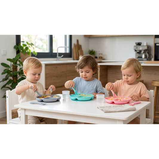 Set de Plato de Silicona con Sopapa, Cuchara y Tenedor