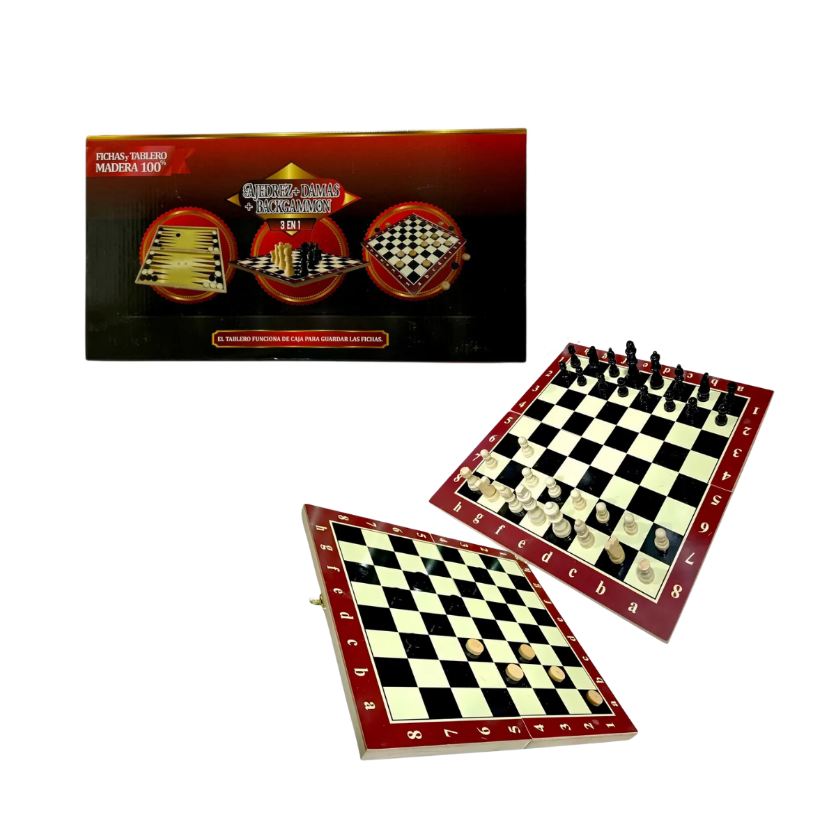Juego 3 en 1 de Madera: Ajedrez, Damas y Backgammon