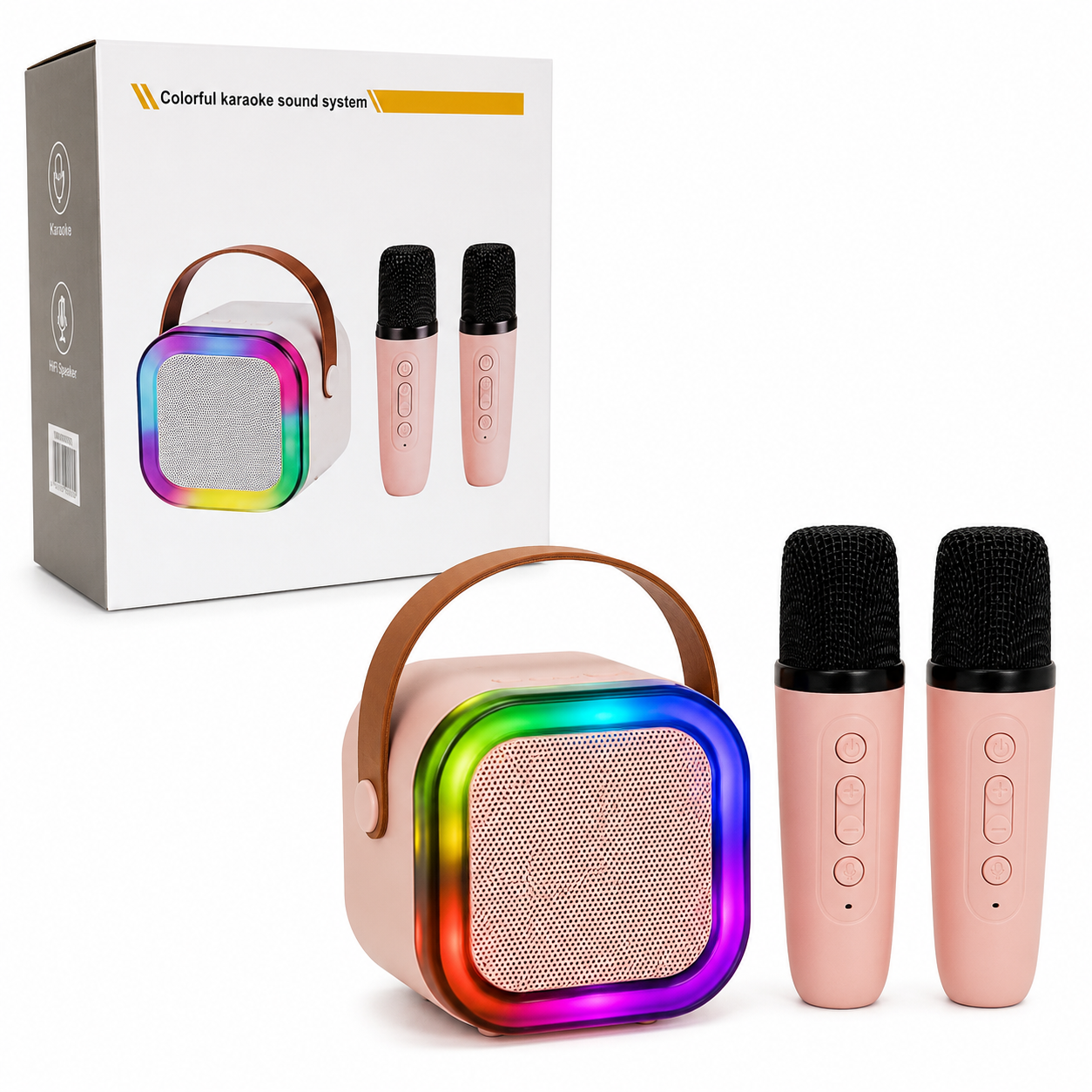 Mini Parlante Karaoke con 2 Micrófonos Inalámbricos y Luces LED