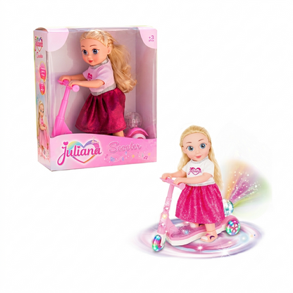 Juliana muñeca con scooter, luces, música y dos vestidos