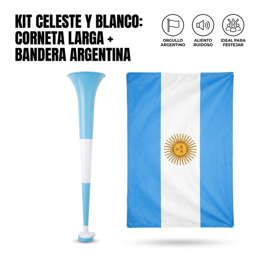 Corneta Vuvuzela Argentina + Bandera Tela Argentina con Sol