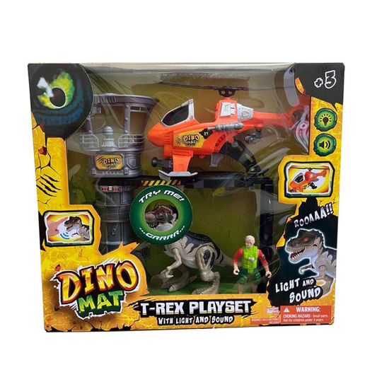 Set De Helicóptero Con Dinosaurio T-Rex Y Torre Radiocontrol Con Luz Y Sonido