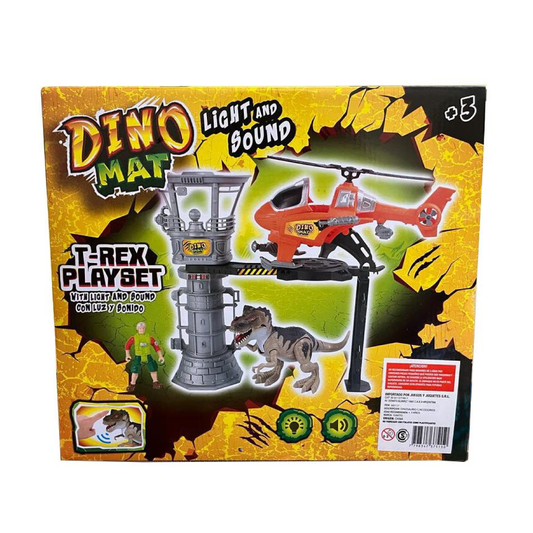 Set De Helicóptero Con Dinosaurio T-Rex Y Torre Radiocontrol Con Luz Y Sonido