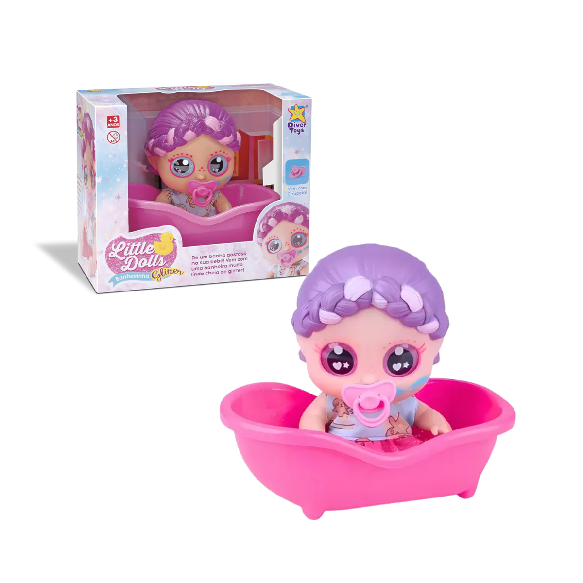 Little Dolls Glitter Muñeca 18 cm + Bañera y Chupete