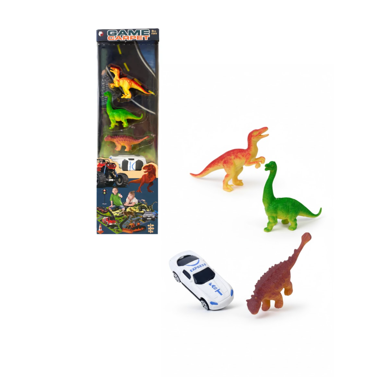 Set De Dinosaurios Y Auto Con Alfombra