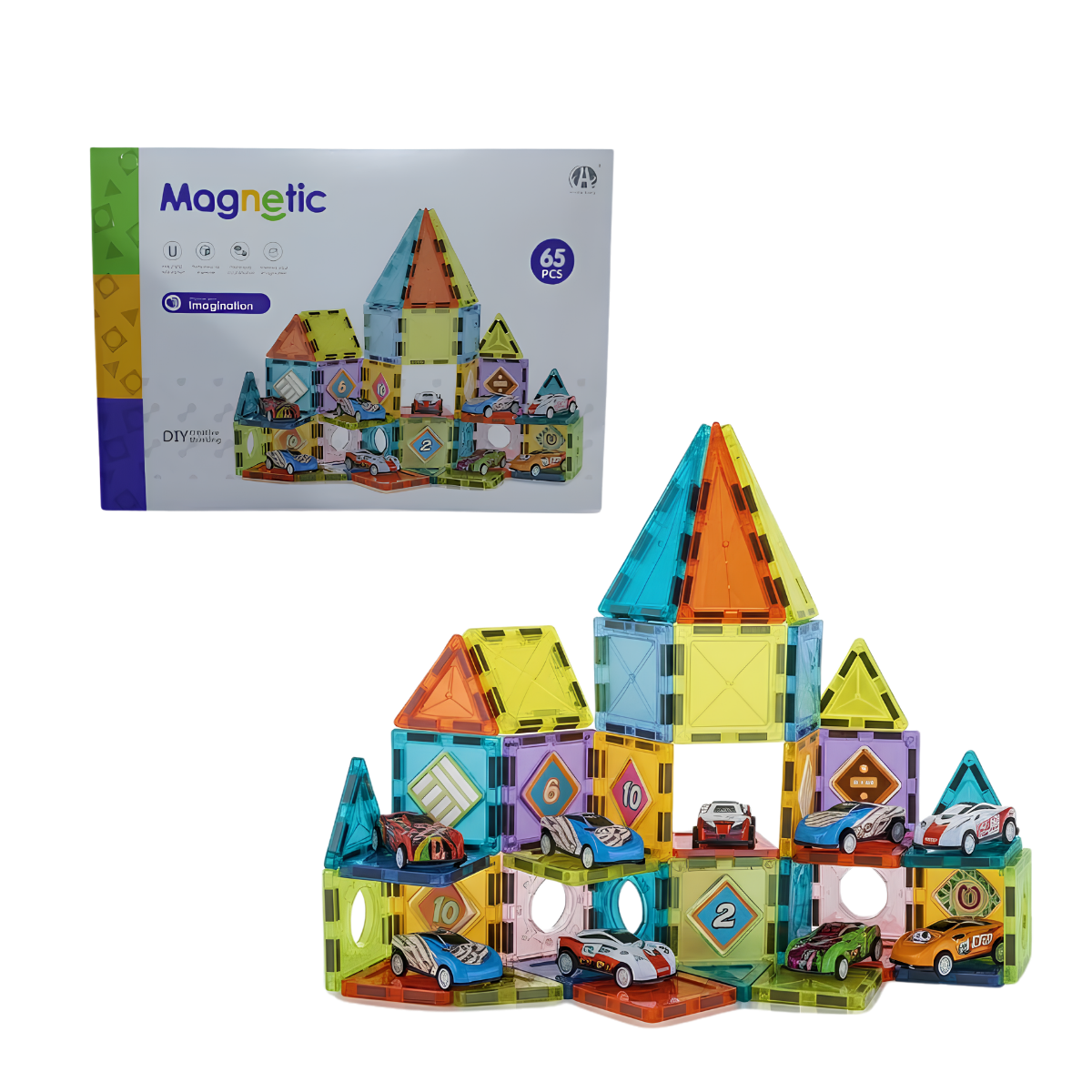 Set Magnético de Construcción 65 Piezas + 10 autos.