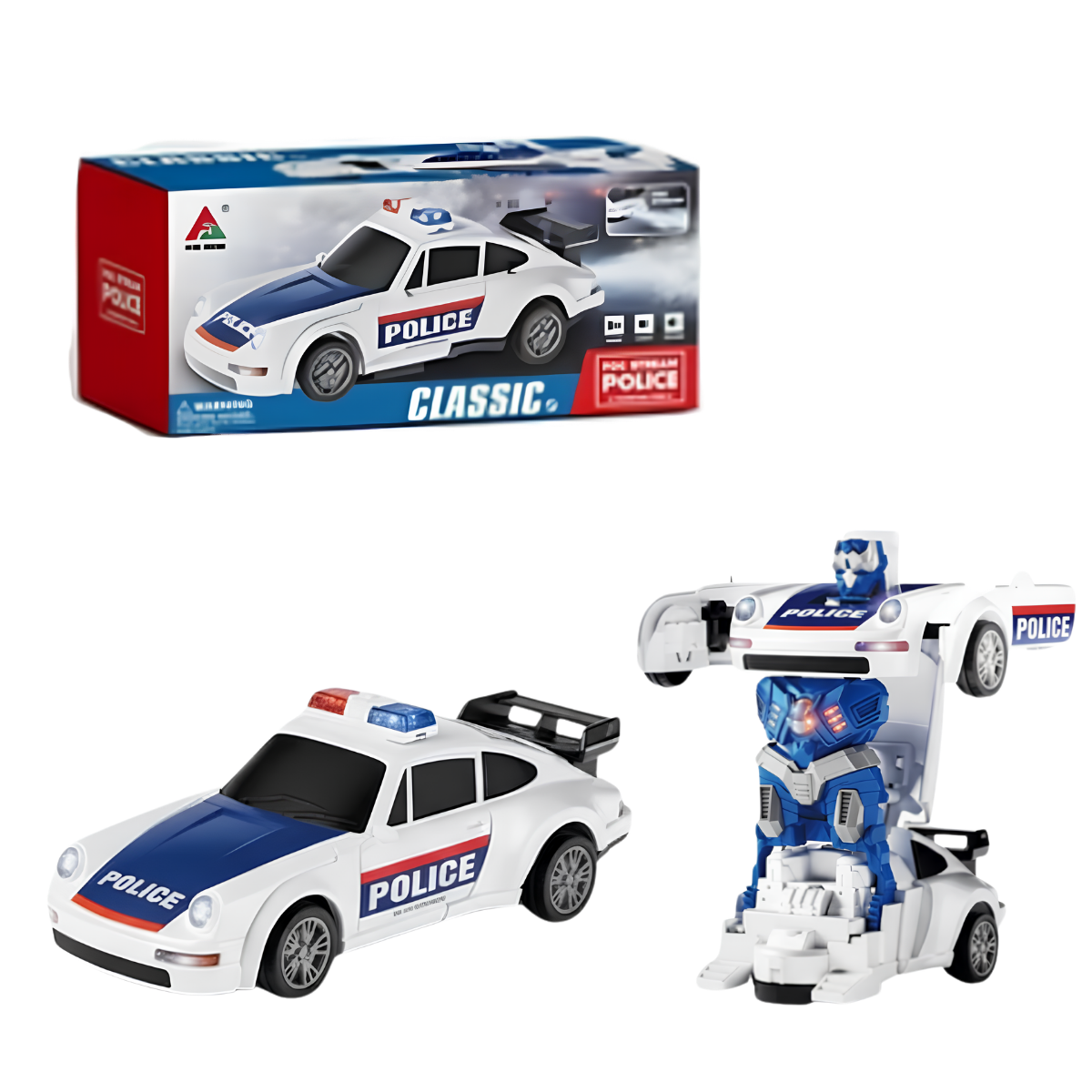 Robot Transformer en Coche de policía con luces y efectos de sonido