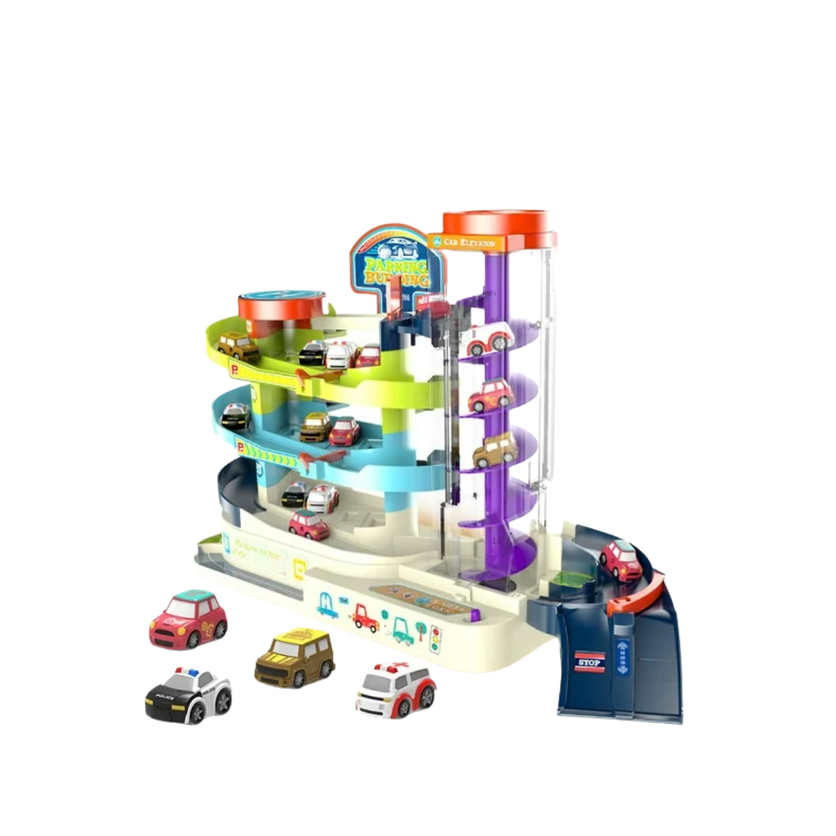 Pista de Autos con Accesorios. Modelo de Policia y Ambulancia