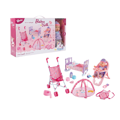 Set de Cuidados Baby Doll 23 en 1 – Cochecito, Cuna y Accesorios