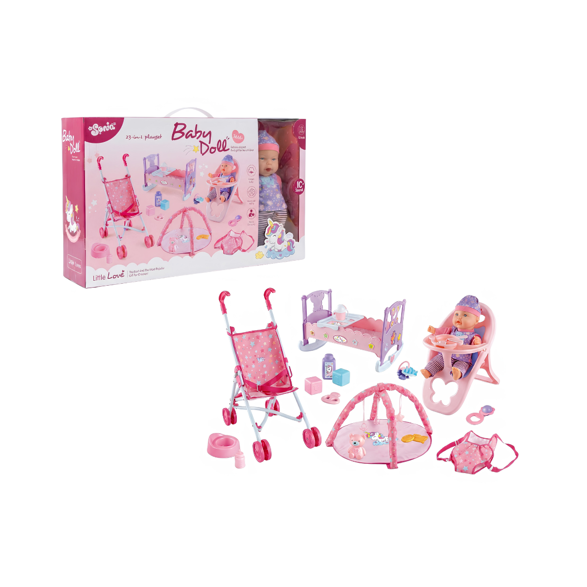 Muñeca Bebe con Cochecito, Cuna y Accesorios