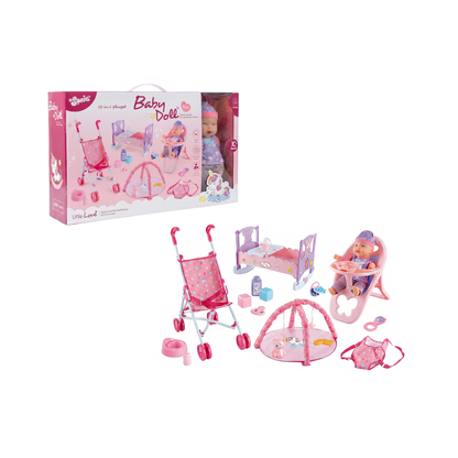 Muñeca Bebe con Cochecito, Cuna y Accesorios