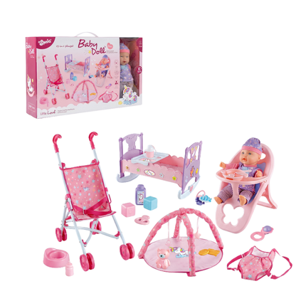 Muñeca Bebe con Cochecito, Cuna y Accesorios