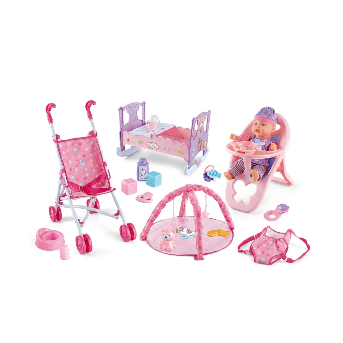 Set de Cuidados Baby Doll 23 en 1 – Cochecito, Cuna y Accesorios