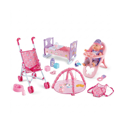 Set de Cuidados Baby Doll 23 en 1 – Cochecito, Cuna y Accesorios