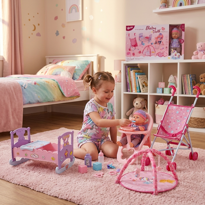 Set de Cuidados Baby Doll 23 en 1 – Cochecito, Cuna y Accesorios